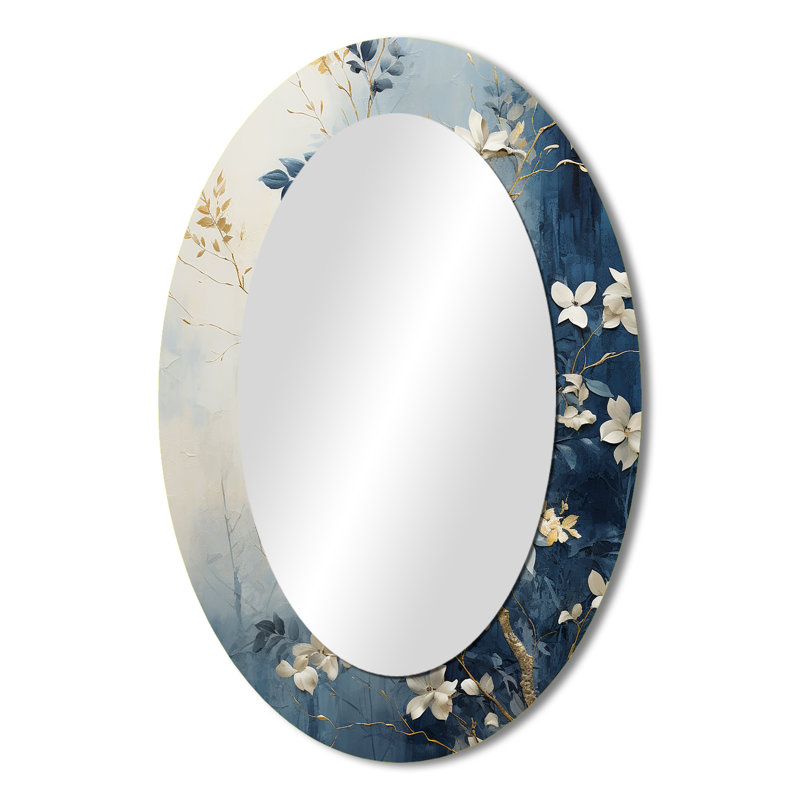 Abstrait or et bleu botanique - miroir mural ovale doré, 36 po x 24 po