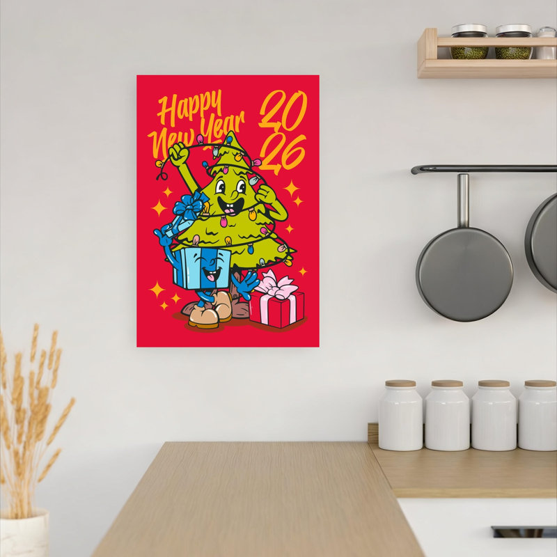 «Happy New Year Tree», rétro, arbre de Noël abstrait, paysage, impression d'art mural, 18" H x 12" W