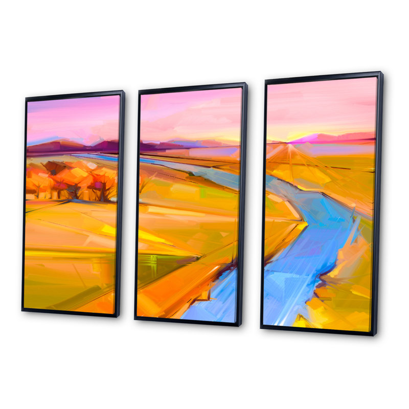 Impressionist Mountainscape with River III - Ensemble de 3 reproductions sur toile, H 28 po x l 36 po x P 1 po, Cadre noir