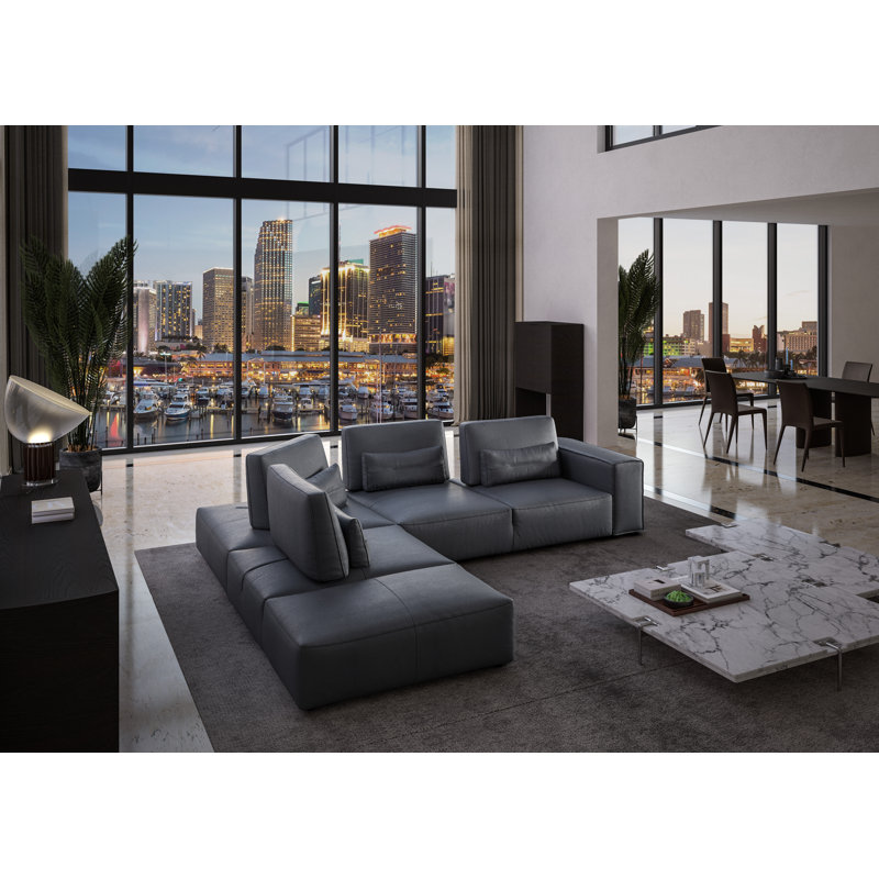 Modern Dark Gray Italian Leather Sectional Sofa with Adjustable Backrest