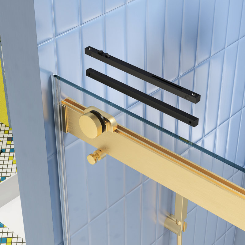 Porte de douche à dérivation avec fermeture en douceur 48 x 74, verre trempé 5/16 po, or brossé, quincaillerie coulissante pour salle de bain 48 po x 74 po, finition dorée, attrayante