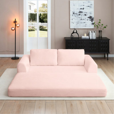 2-In-1 Folding Convertible Sofa Bed, Modern Corduroy Sleeper Couch With 2*Pillows, Futon Modular Upholstered Boneless Sofa With Pull-Out Bed,Folding Floor Modular Couch For Living Room Pink