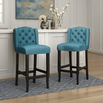 Ensemble de 2 tabourets de bar Seliva, tissu bleu sarcelle, dossier capitonné, bois d'hévéa brun