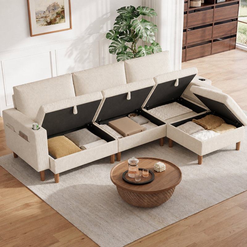  Canapé modulaire en L avec repose-pieds et rangement Shepardson, Mila White Corduroy