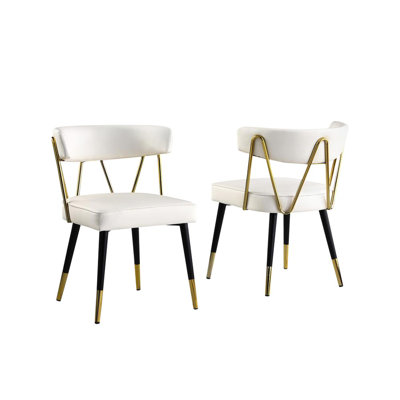 Faux Leather Dining Chair Set Of 2 With Gold Trim, Padded Seat Upholstered Kitchen Side Chair, Ivory