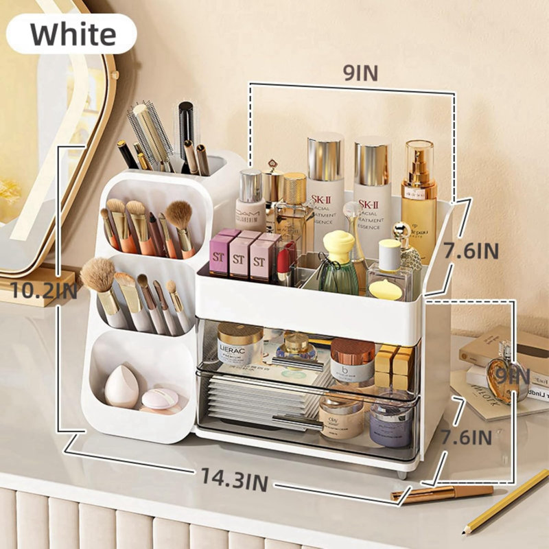 Organisateur de maquillage avec tiroirs, organisateur de comptoir de grande capacité pour meuble-lavabo, Blanc