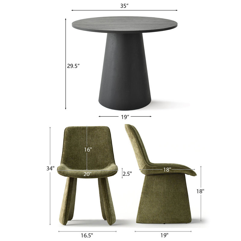 35" Round Pedestal Dining Table Set With 2 Upholstered Dining Chairs, Green
