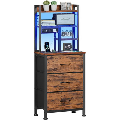 Tall Night Stand With LED & USB Ports, 45.3Inch Nightstand With Open Bookshelf, Bedside Table With 3 Fabric Drawers For Bedroom/Dorm/Office, Rustic Brown Wood-Metal Frame