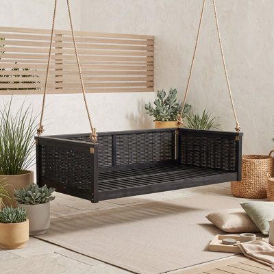 Lit de balançoire d'extérieur en bois d'acacia et en rotin, lit de jour suspendu avec support en corde de chanvre