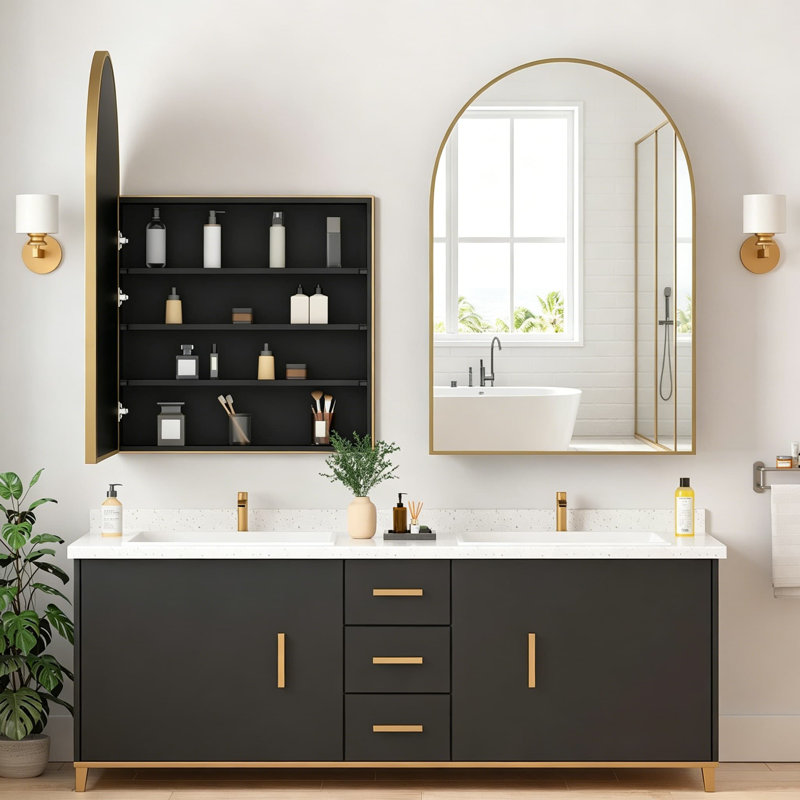 Armoire de salle de bain pour salle de bain avec miroir, meuble-lavabo mural encastré ou de surface avec arche dorée avec rangement, armoire à miroir moderne avec tablettes réglables, 24 po x 36 po