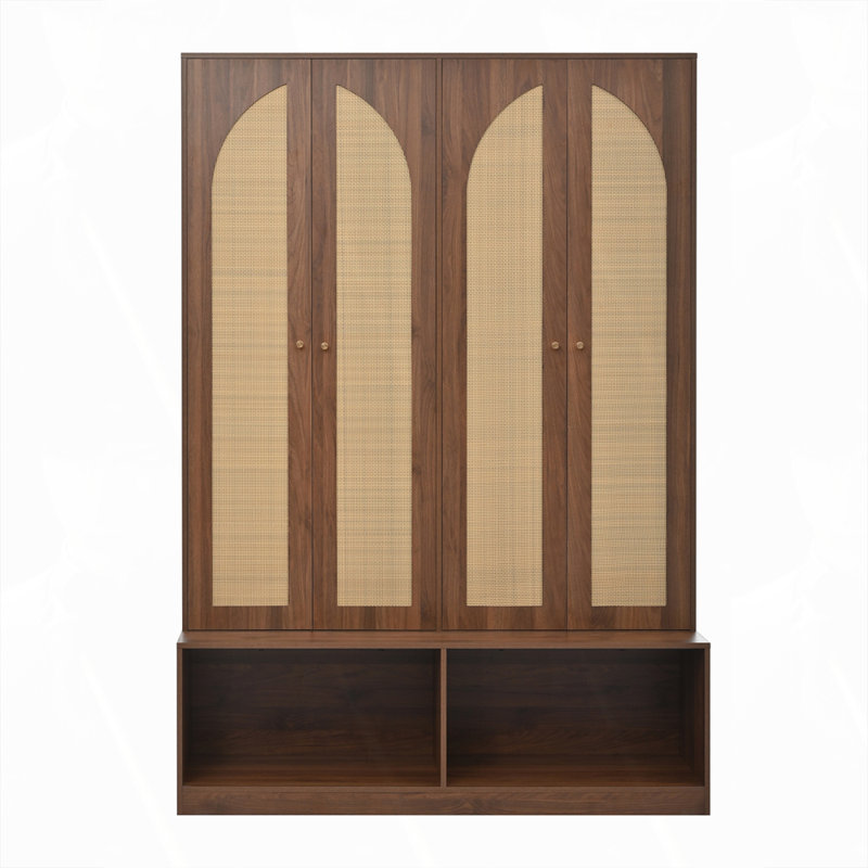 Farmhouse Widen Hall Tree with 4 Rattan Doors, Walnut