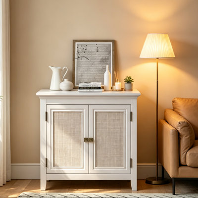 Armoire de rangement en bois et rotin à 2 portes avec tablettes réglables, armoire d'appoint blanche Boho pour la salle à manger, le couloir et le salon