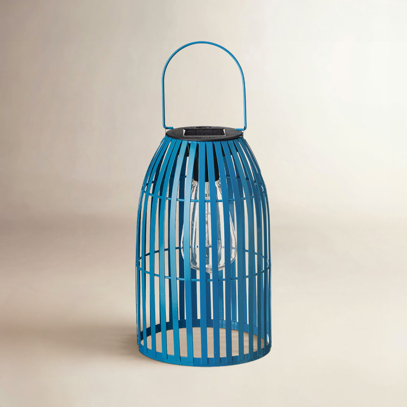 Nyota 9.75" Metal Woven Solar Powered  Outdoor Hanging Lantern, Blue
