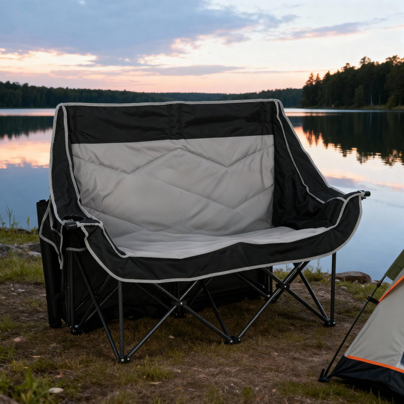 Double chaise de camping avec auvent, causeuse pliante avec glacière et porte-gobelets, Noir et gris - régulier