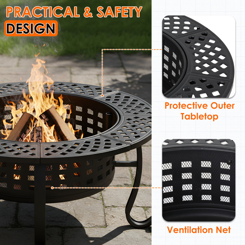 Fire Pit 3-In-1 Outdoor Fire Pit Table 2 Adjustable Grills 36 Inch Wood Burning Fire Pit With Lid, Poker & Waterproof Cover For BBQ Bonfire Patio Picnic Party
