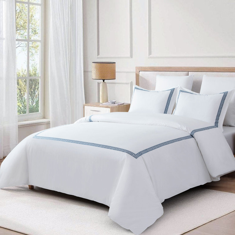 Ensemble de housse de couette en coton brodé Greek Key, 3 pièces, Très grand lit, Bleu pierre