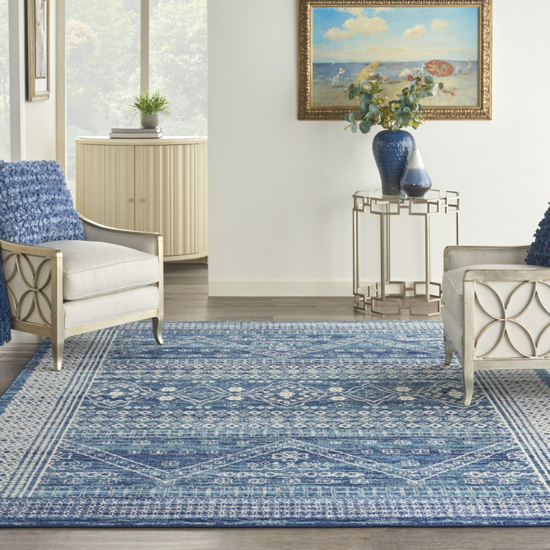 Tapis bleu marine et ivoire à motifs persans, Rectangle 8 pi x 10 pi