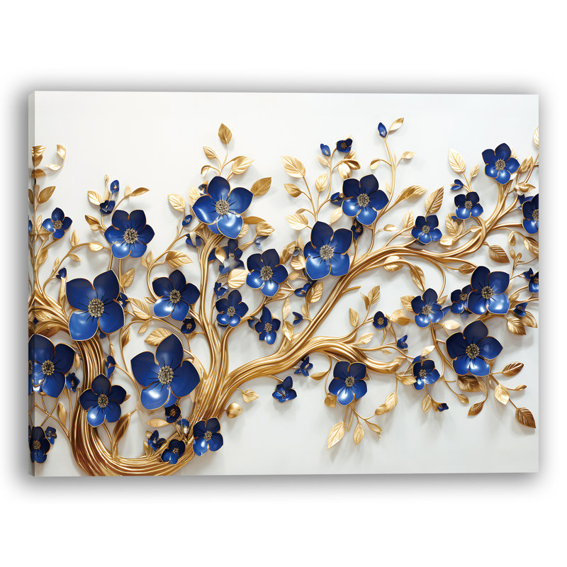 Royal Blue Blossom Cascade - Elegant 3D Wall Decor, 30" H x 40" W