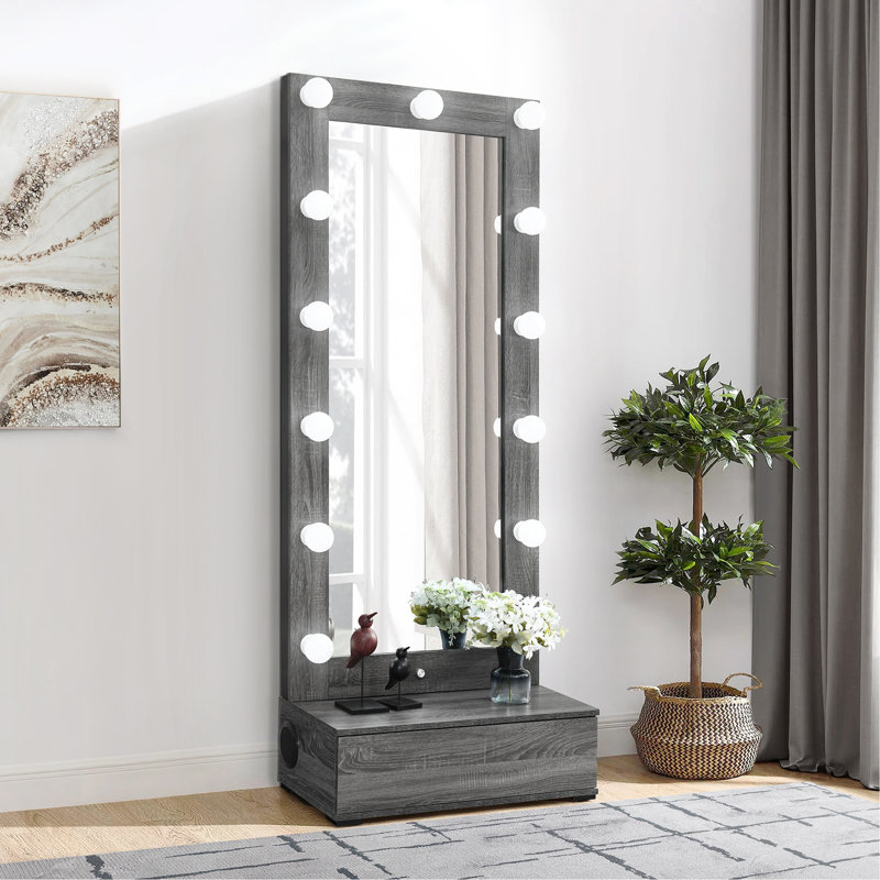 Grand miroir Lorena gris avec tiroir et haut-parleurs (miroir inclus seulement)