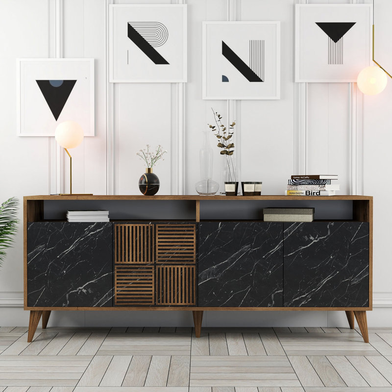 Console Adrius, Noyer, Marbre noir / noyer, H 30,9 po x l 70,9 po x P 13,8 po