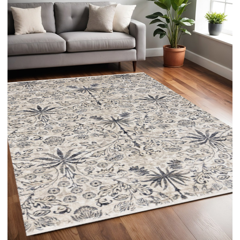 Tapis à médaillon floral crème et bleu 5 pi x 8 pi