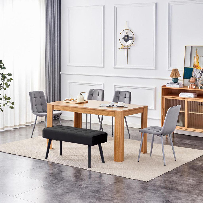 Dining Table and 4 Velvet Chairs With 1 Bench Dining Set Furniture, Grey, Grey, 75cm H x 117cm L x 77cm W