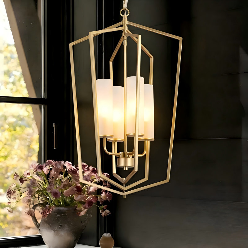  Lustre lanterne à intensité variable à 4 lumières avec abat-jour en verre frangé Jasrah, Givré