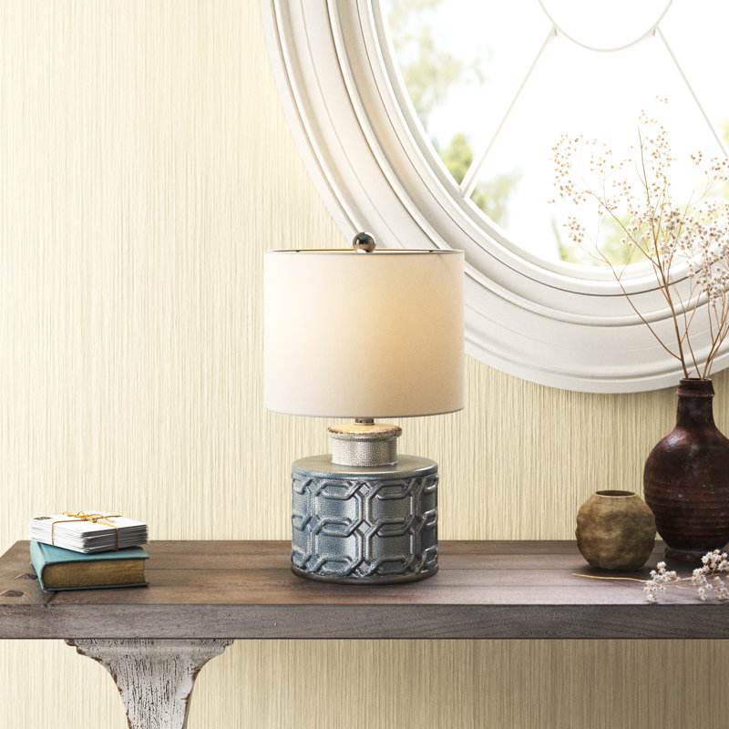 Blue Ceramic Table Lamp with White Drum Shade