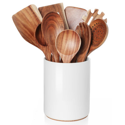 10-Piece Wooden Cooking Utensils Set with Teak Wood Spoons & Spatulas, Ceramic Holder -  4 SEASONS FURNITURE, 032214