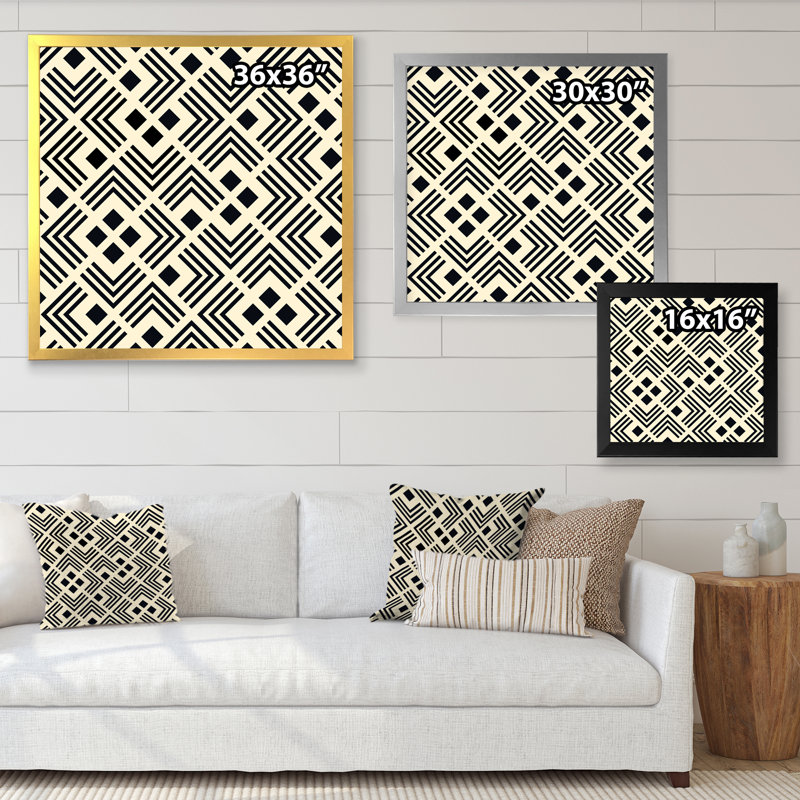 Labyrinthe géométrique noir et jaune - Impression sur toile, Cadre photo argenté, H 36 po x l 36 po