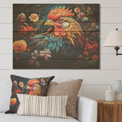 Coq coloré, prairie florale - coq sur bois