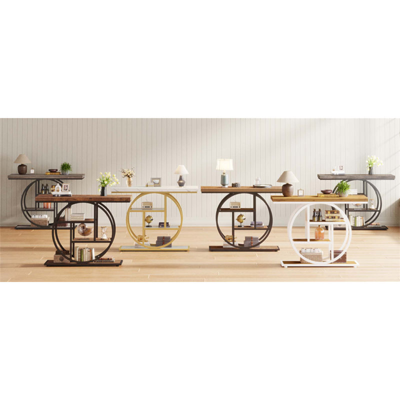 Console industrielle de 41,3 pouces avec 4 tablettes rustiques à 4 niveaux, structure en métal circulaire unique pour les entrées et les salons étroits