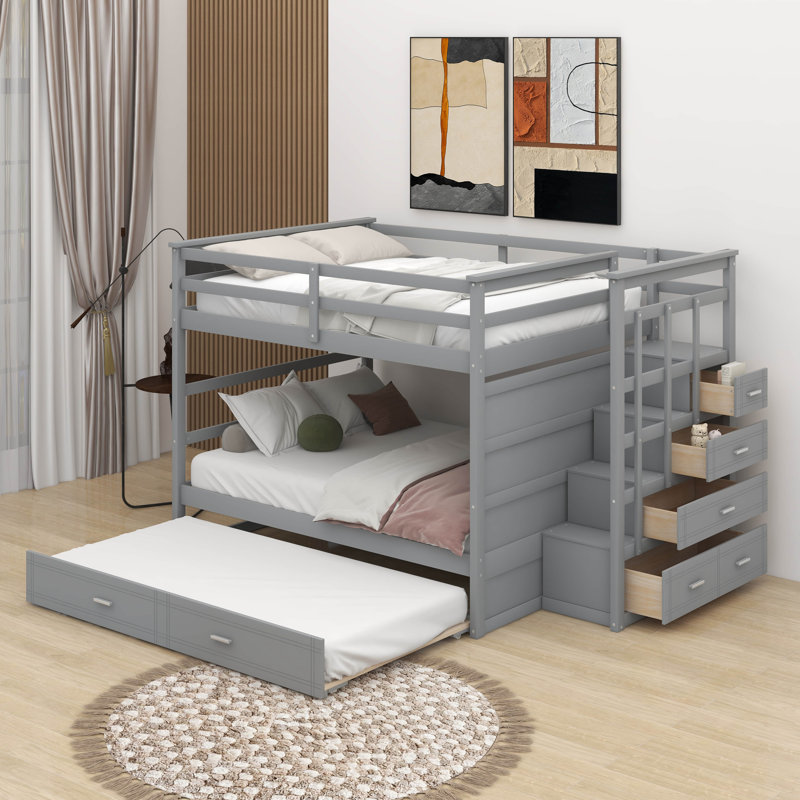 Full Over Full Bunk Bed With Trundle And Staircase, Gray