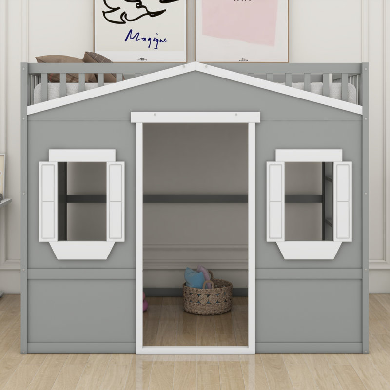 House Loft Bed With Ladder, Gray/White