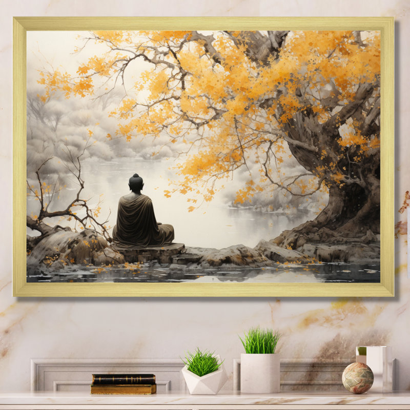 Décoration murale bouddhisme gris et jaune II - Bouddhisme, H 30 po x l 40 po, Cadre photo unique, Doré