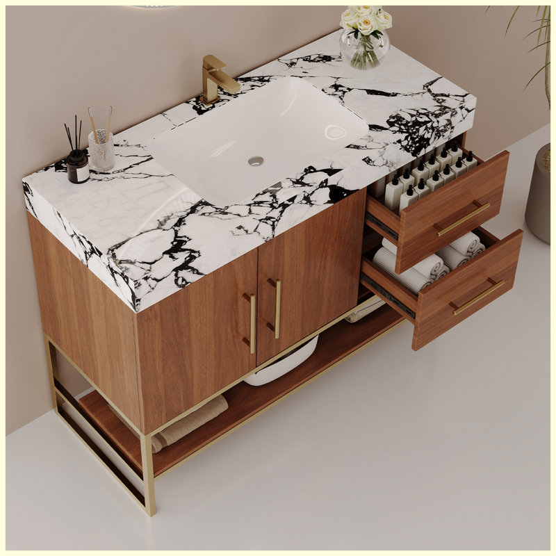 Meuble-lavabo moderne 36 po en céramique avec rangement à fermeture en douceur, Noyer