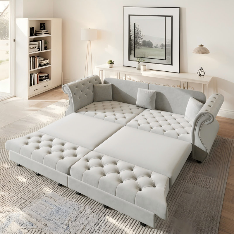 Canapé-lit surdimensionné en velours Chesterfield 97,6 po, H 34 po x l 97 po x P 32 po, Gris