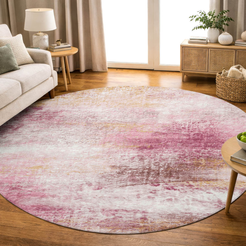 Premium Machine Washable Mayfield AMF2402 Abstract Rug, 8' Round, Blush