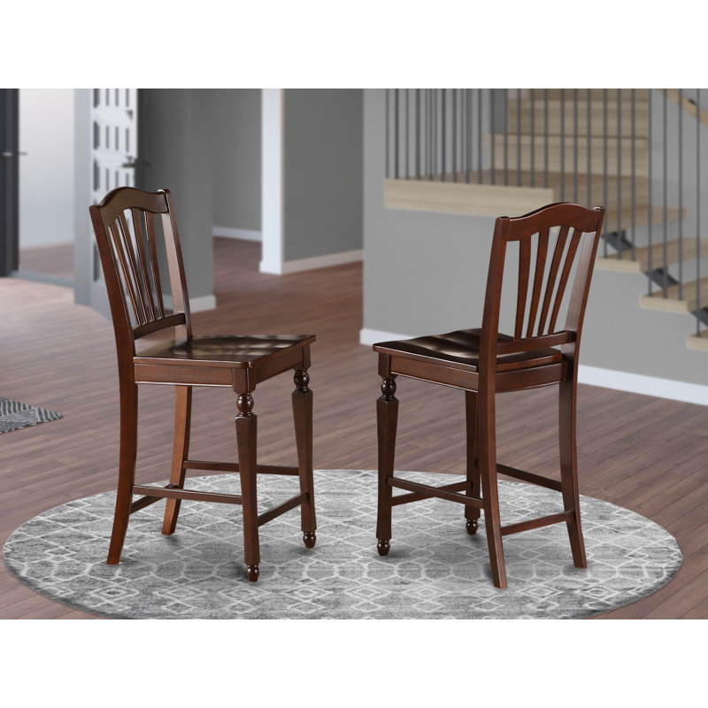Tabourets de bar à hauteur de comptoir Chelsea, ensemble de 2 chaises à dossier en lattes, acajou, Acajou, En bois