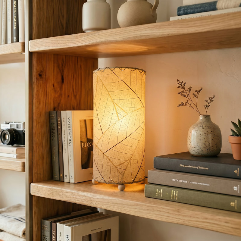12 Inch Cocoa Leaf Cylinder Table Lamp Natural, Natural