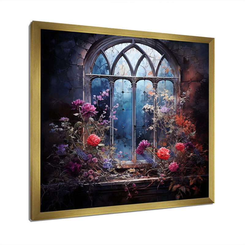 Floral, gothique d'églises, vue de fenêtre III - art mural floral, Cadre doré simple, H 36 po x l 36 po x P 1,5 po