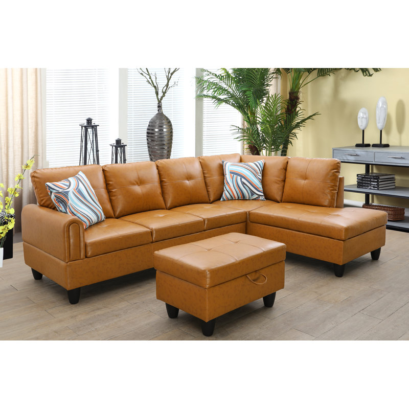 Henryleo Faux Leather L-Shaped Sectional, Right Hand Facing, Ginger Faux Leather