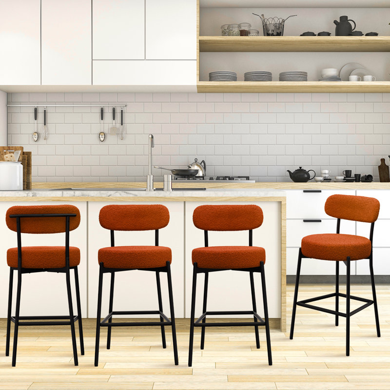 Emielia  Modern Counter Height Bar Stools , 28 Inch Upholstered Barstools with Curved Open Back & Round Seat, Plush Bouclé Fabric Bar Chairs for Kitchen Island, Dining Counter & Home Bar, Comfortable & Stylish