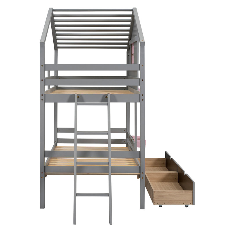 Bunk Bed With 2 Drawers, 1 Storage Box, 1 Shelf, Window And Roof, Grey