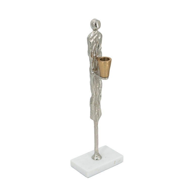 Aluminum Taper Candle Holder with Abstract Human Design and Marble Stand, 15.80" H x 4.80" W x 3.00" D