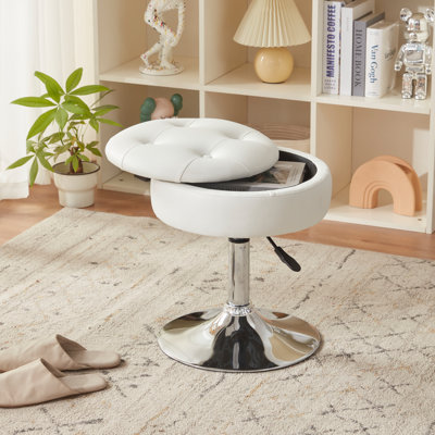 Adjustable Mid-Century Modern Swivel Round Faux Leather Upholstered Metal Vanity Stool