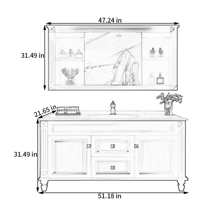 American solid wood bathroom cabinet, 31.49" H x 51.18" W x 21.65" D 