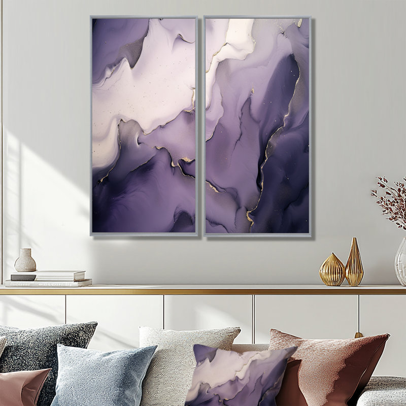 Nuage d'encre mauve et gris mauve - art mural moderne mauve 2 panneaux, H 40 po x l 40 po, Impression encadrée flottante