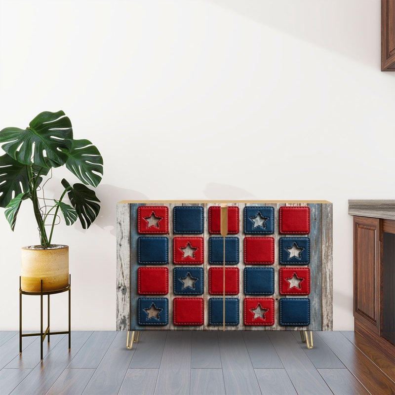 Buffet buffet avec rangement en cuir rustique étoile rouge bleu en bois avec 2 portes pour le salon et la cuisine