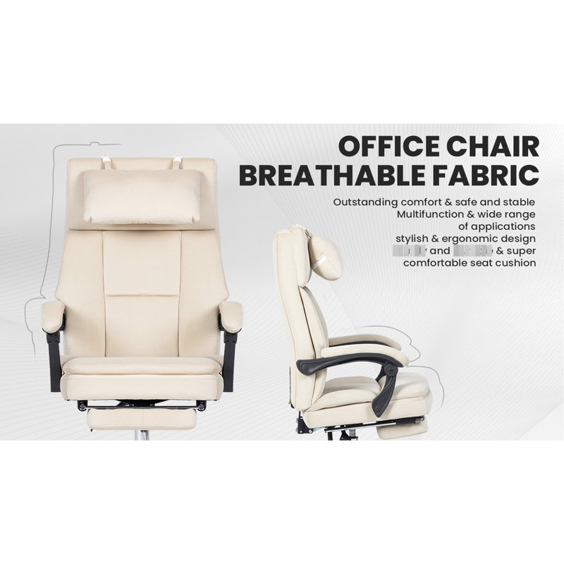 Chaise de bureau moderne en velours beige, avec support lombaire et grand siège à hauteur réglable, ergonomique et confortable